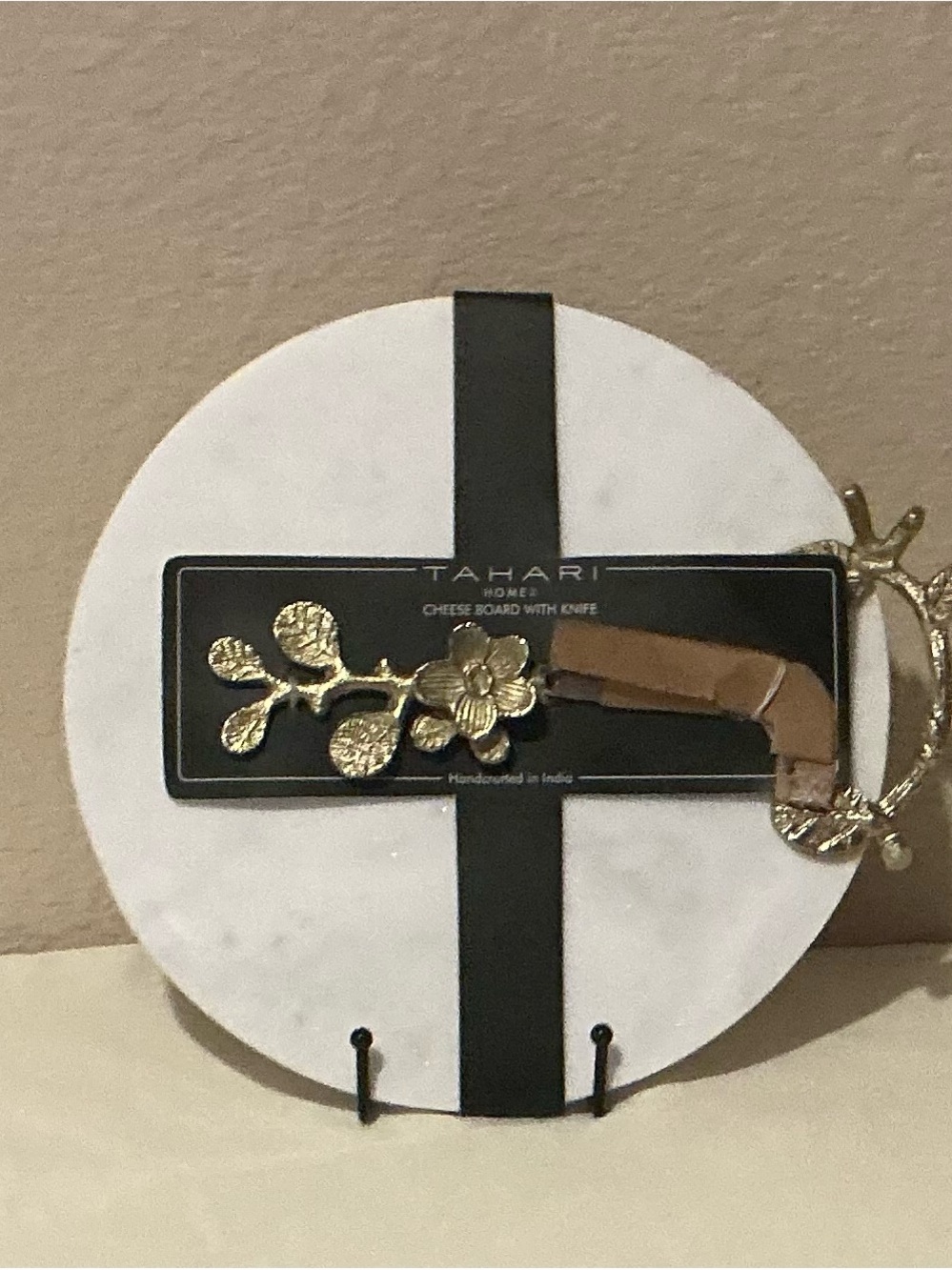 Tahari White Heavy Marble Cheese Board with Gold Handle & Floral Trim Knife